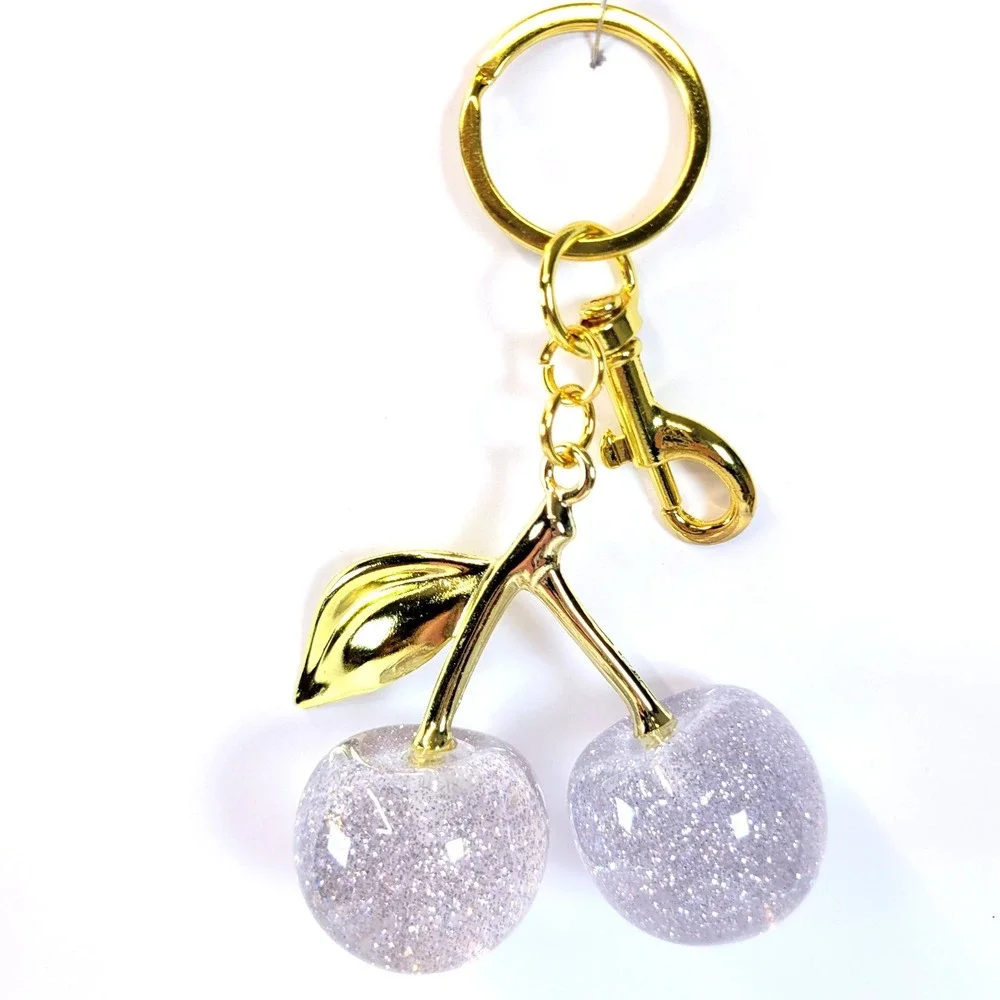 Cherry Keychain Glitter Resin Bag Charm White Gold Women Playful Whimsical NEW